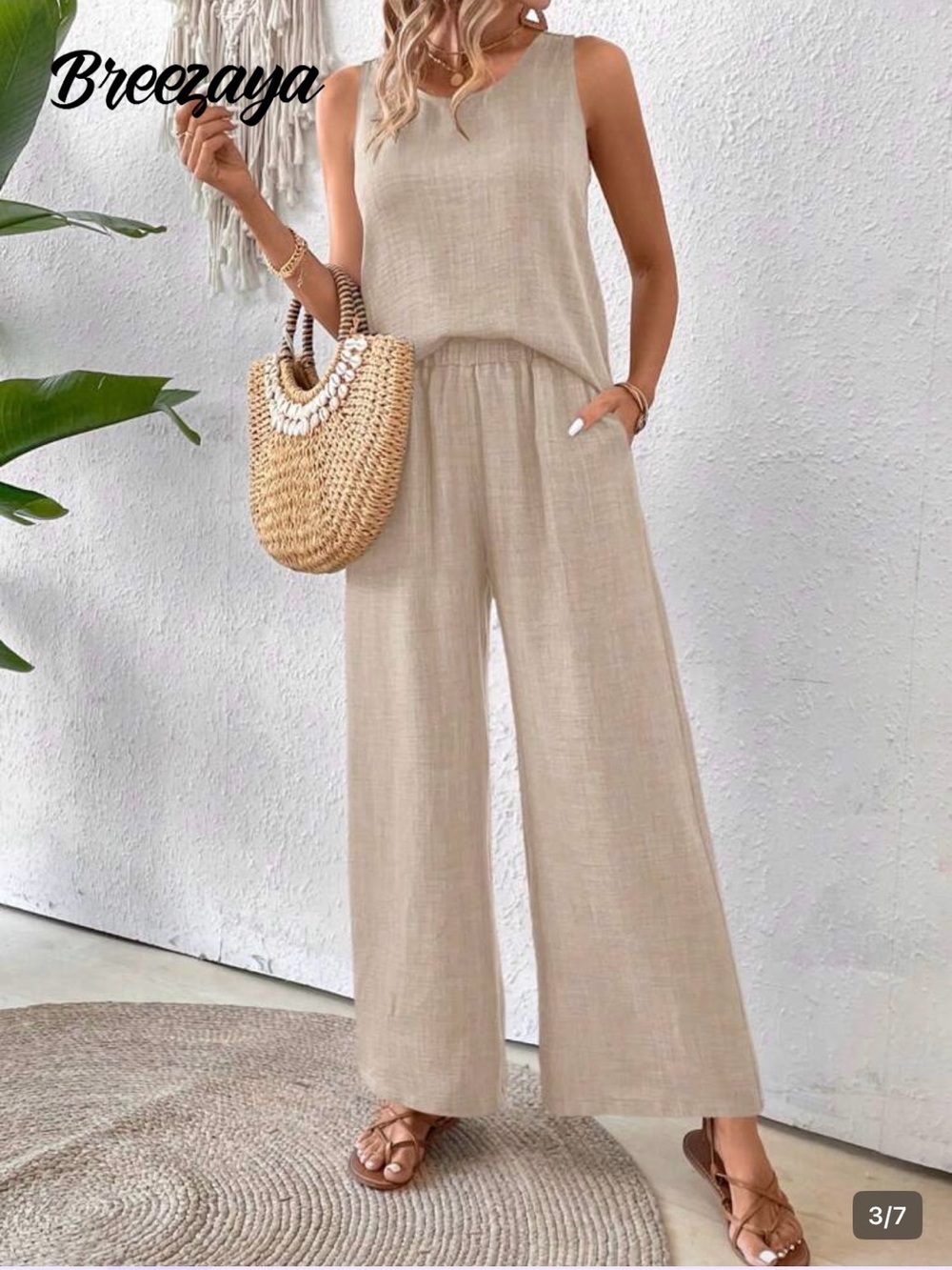 SHEIN Beige Crochet-Back Wide-Leg Jumpsuit - Picture 2 of 15